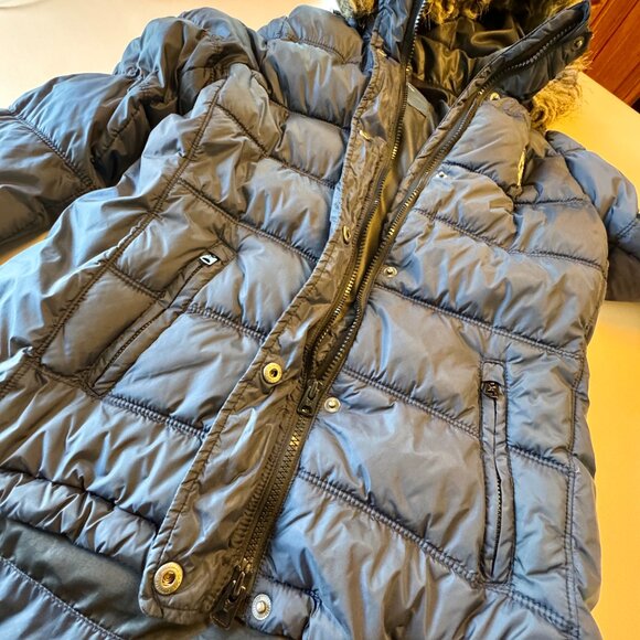 American Eagle Puffer Coat Navy Med Faux Fur Trimmed Detachable Hood - Picture 3 of 12